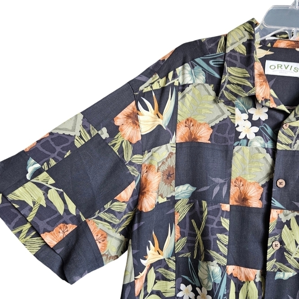 Orvis‎ Floral Hawaiian Shirt Mens Short Sleeve 100% Silk Button Up XL - Picture 3 of 8